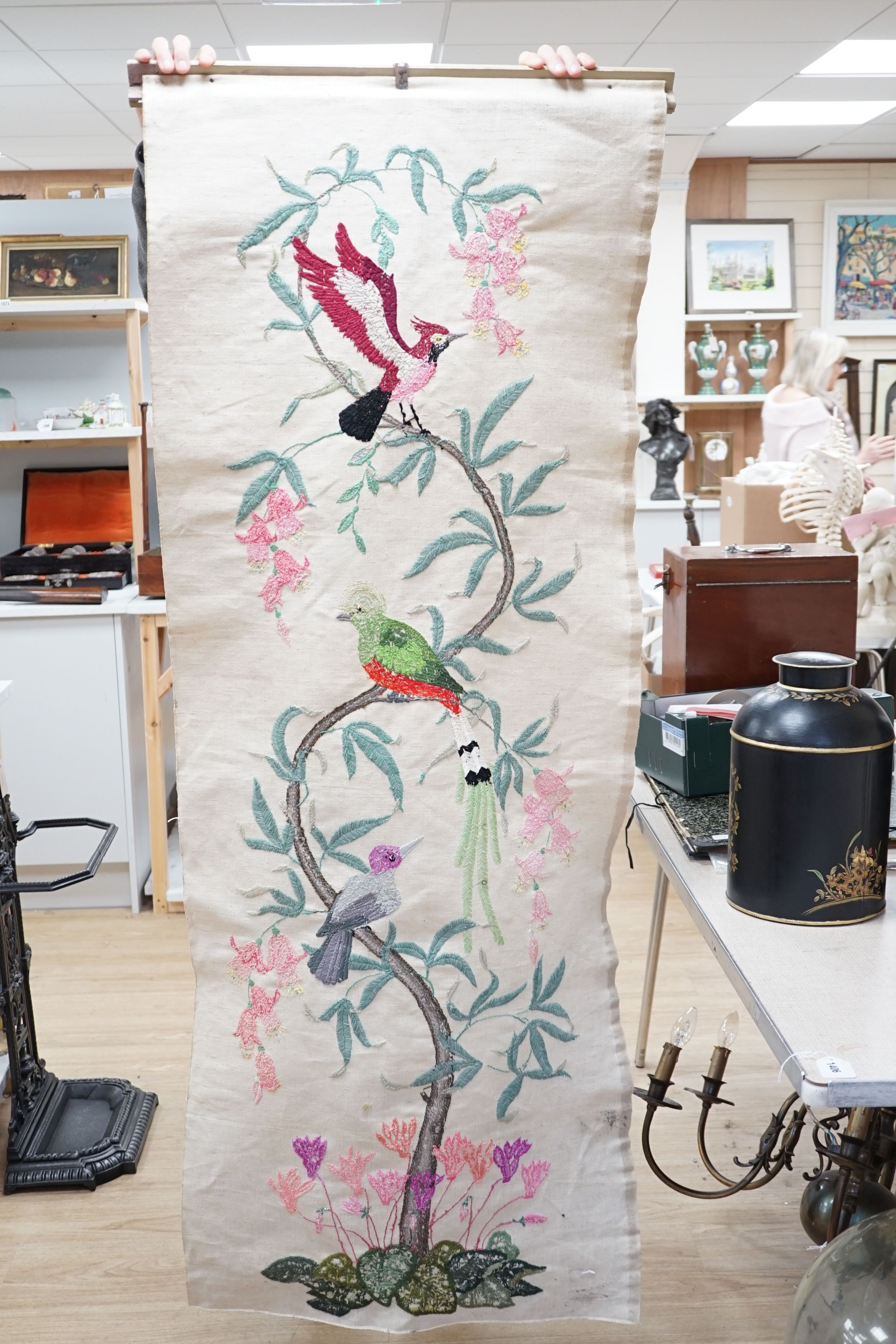 A contemporary wool work and silk embroidered, 'Tree of Life' panel, 170 cms high.